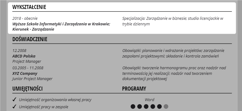 wykształcenie w cv