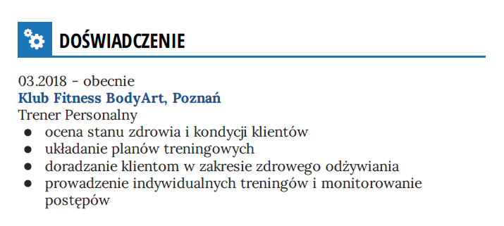 doswiadczenie w cv dla trenera